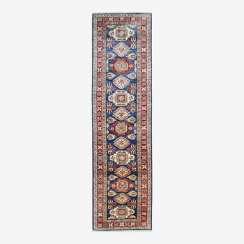 Handmade runner rug traditional kazak carpet rug blue geometric runner