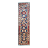 Handmade runner rug traditional kazak carpet rug blue geometric runner