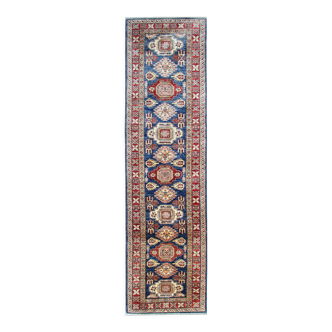 Handmade runner rug traditional kazak carpet rug blue geometric runner