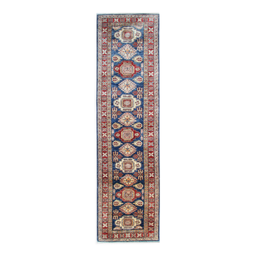 Handmade runner rug traditional kazak carpet rug blue geometric runner