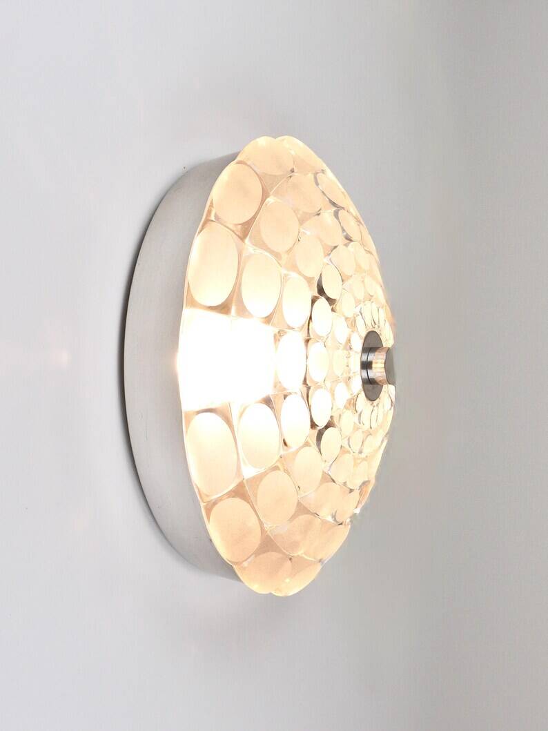 Peill & Putzer Large Round Op Art Glass Sconce, Wall Lamp, Flush Mount, Germany, 1970s