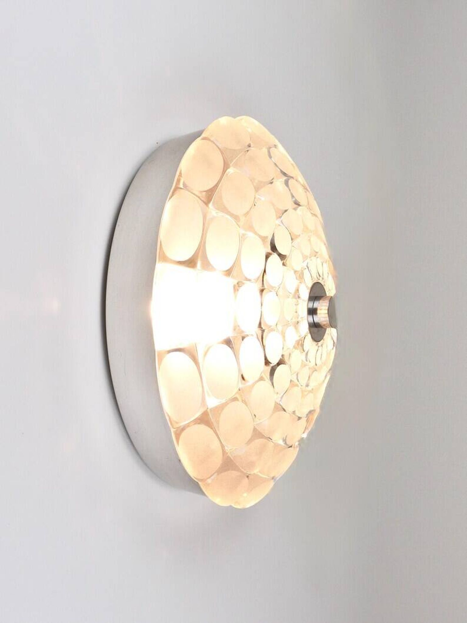 Peill & Putzer Large Round Op Art Glass Sconce, Wall Lamp, Flush Mount, Germany, 1970s