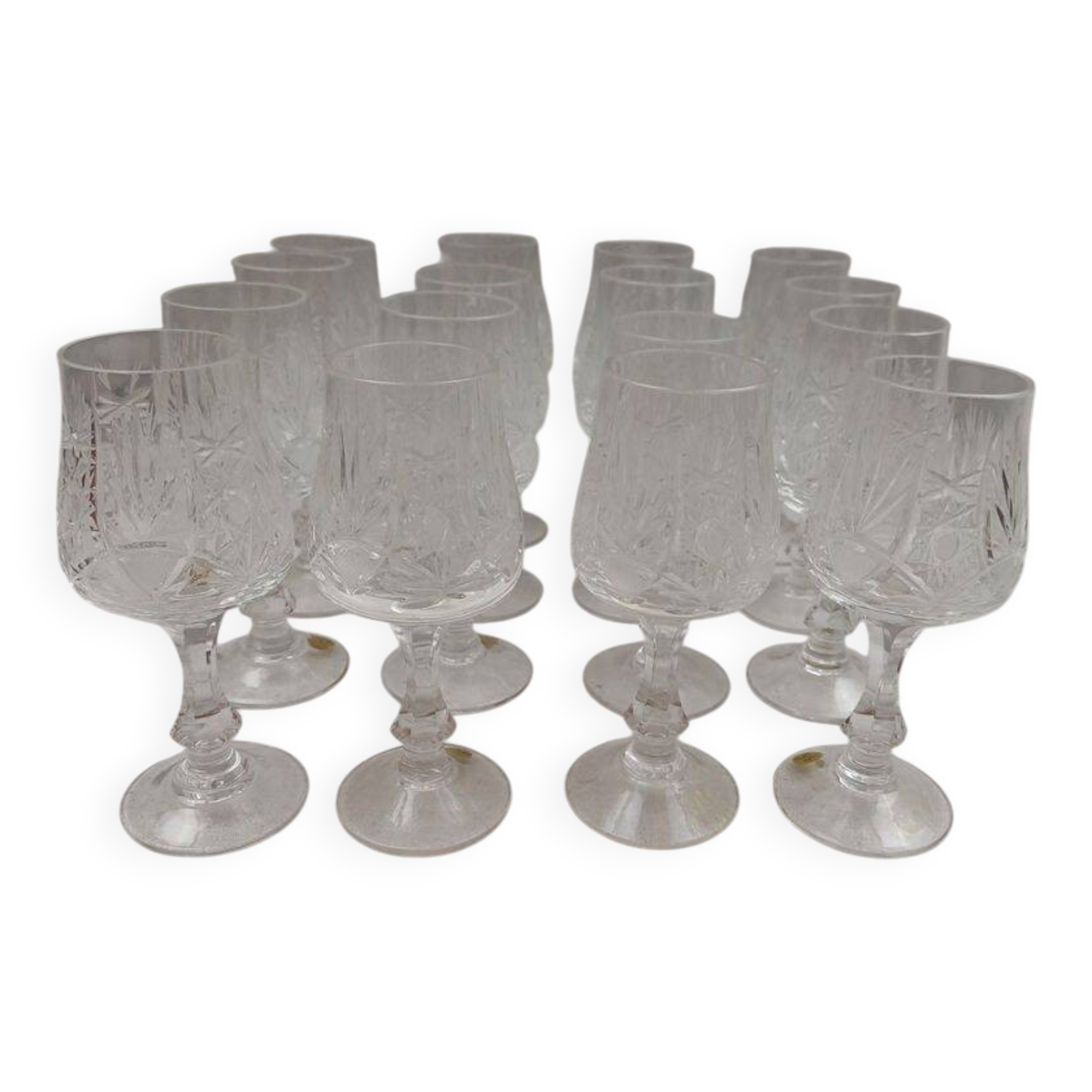16 cut crystal wine glasses from Bohemia in very good condition.