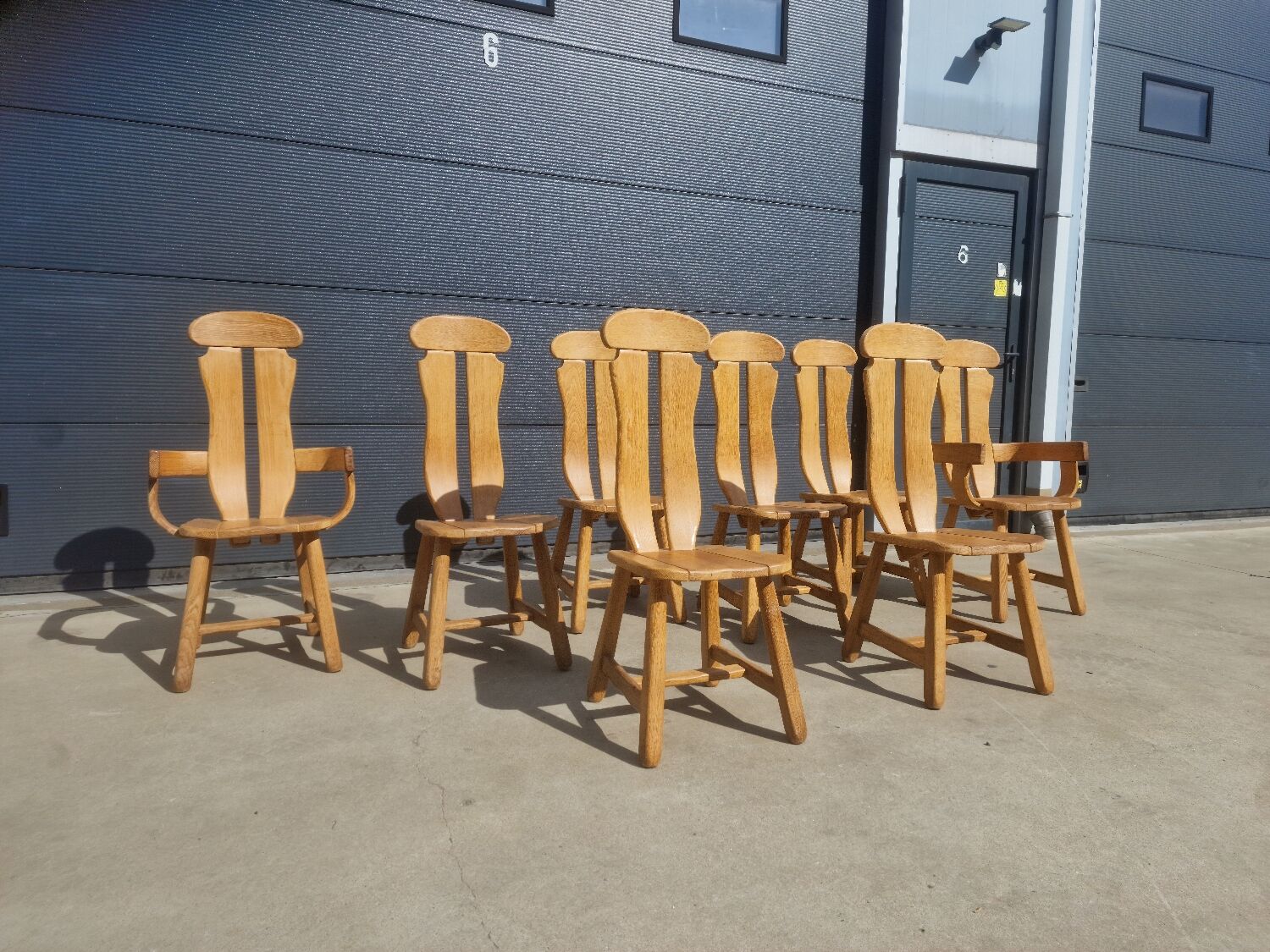 Set of 8 Britalist Oak Chairs from De Puydt, Belgium 1970s
