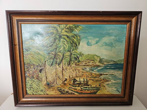 Tableau - Huile sur toile Bord de Mer tropical Signé A Gervasoni