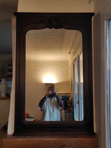 Ancien miroir ancien 128,5x85 cm de cheminée art déco 1900 en chêne sombre