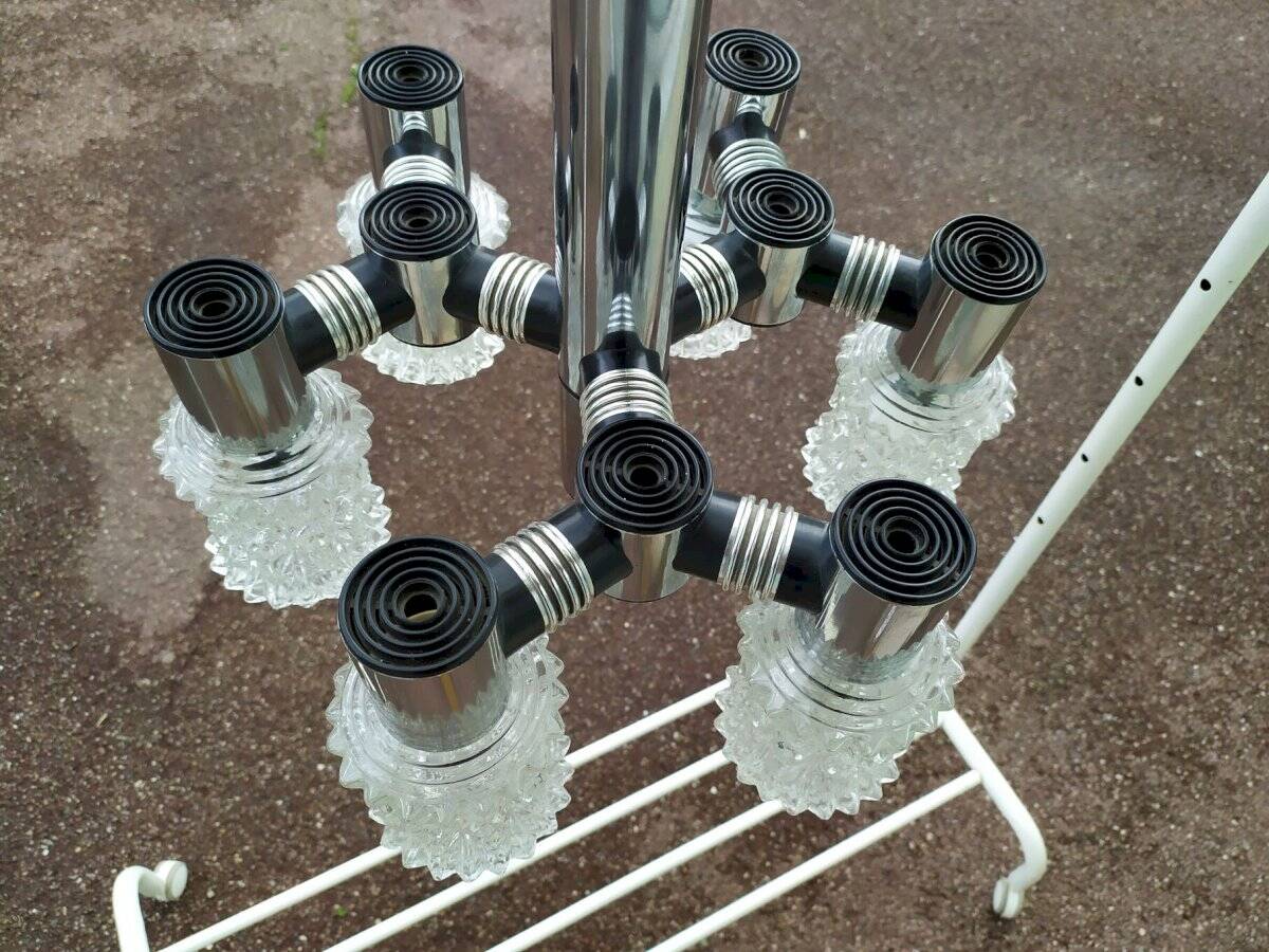 Vintage ceiling light in chrome-plated and cut glass, Targetti 1970 chandelier