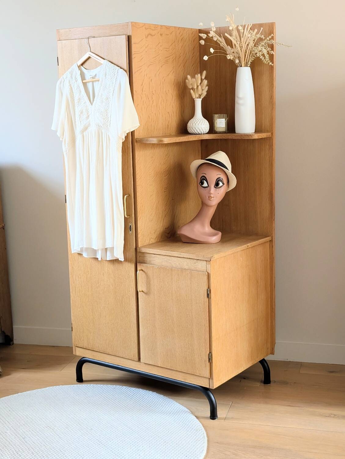 Renovated vintage 1950s oak boarding school wardrobe