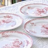 Assiettes plates XIXe Sarreguemines Fontanges terre de fer rose