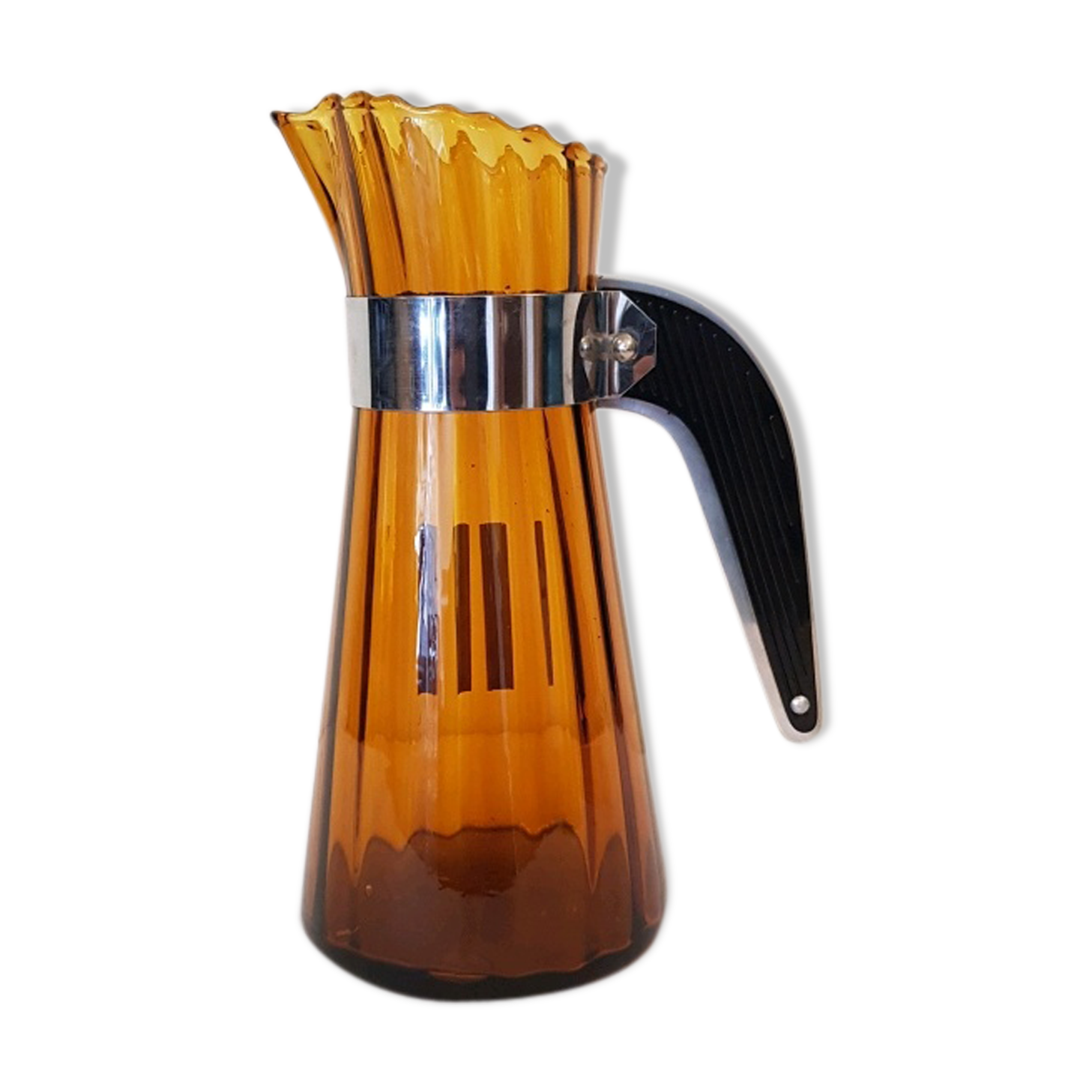 Pitcher blown amber glass and bakelite and aluminum handle and set of stainless