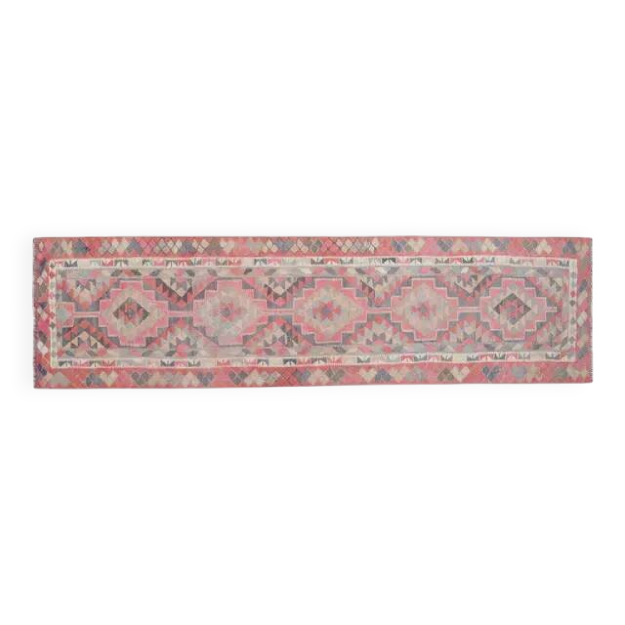 1970s Vintage Turkish Handmade Wool & Cotton Pink Runner Rug
