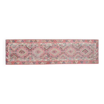 1970s Vintage Turkish Handmade Wool & Cotton Pink Runner Rug