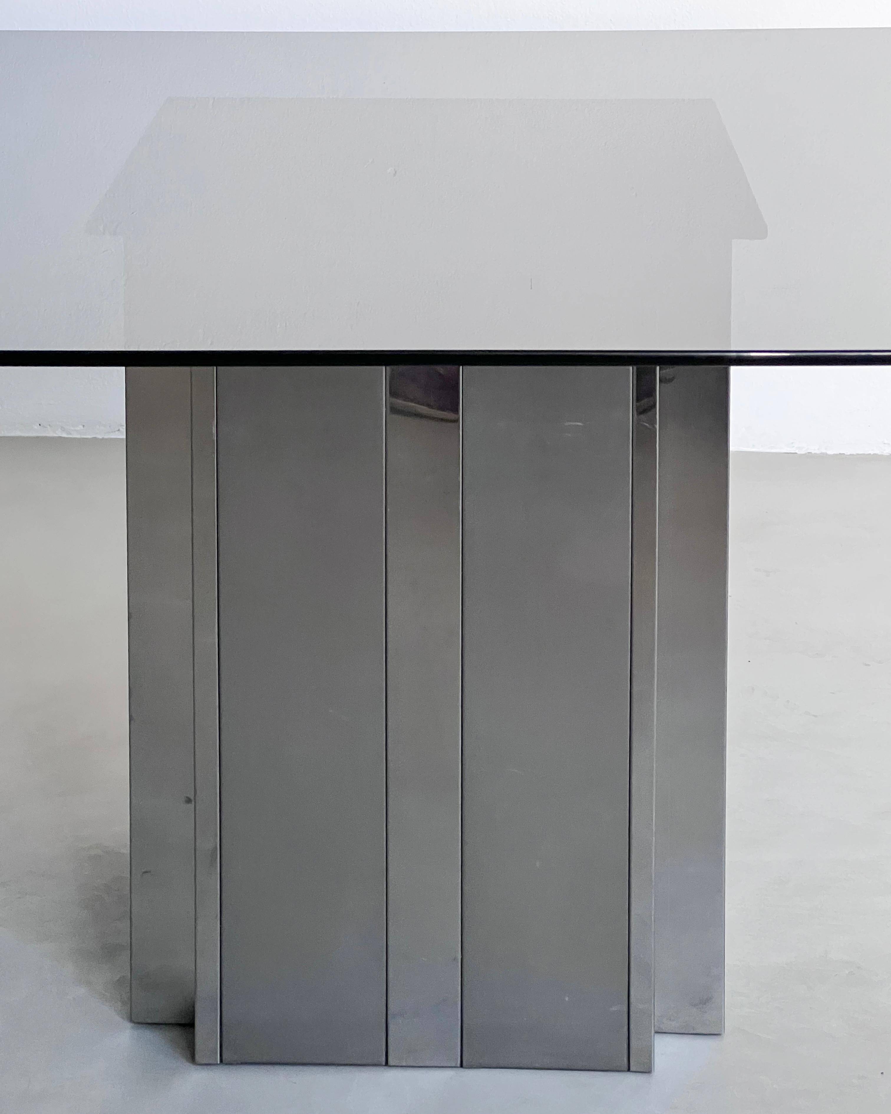 Square Dining Table in Metal and Smoked Glass, 1970's Paul Evans Style
