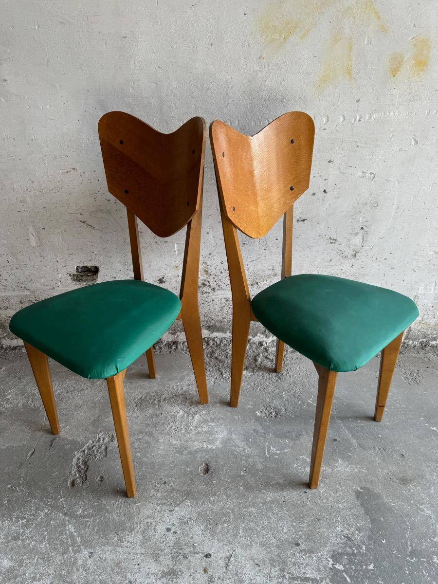 Set of 6 René-Jean Caillette Heart-Shaped Chairs, Bent Wood with Green & Burgundy Upholstery