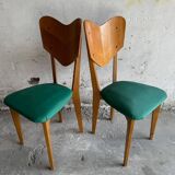 Set of 6 René-Jean Caillette Heart-Shaped Chairs, Bent Wood with Green & Burgundy Upholstery