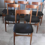 Table with two extensions and its 6 chairs scandinavian teak of the 1970s