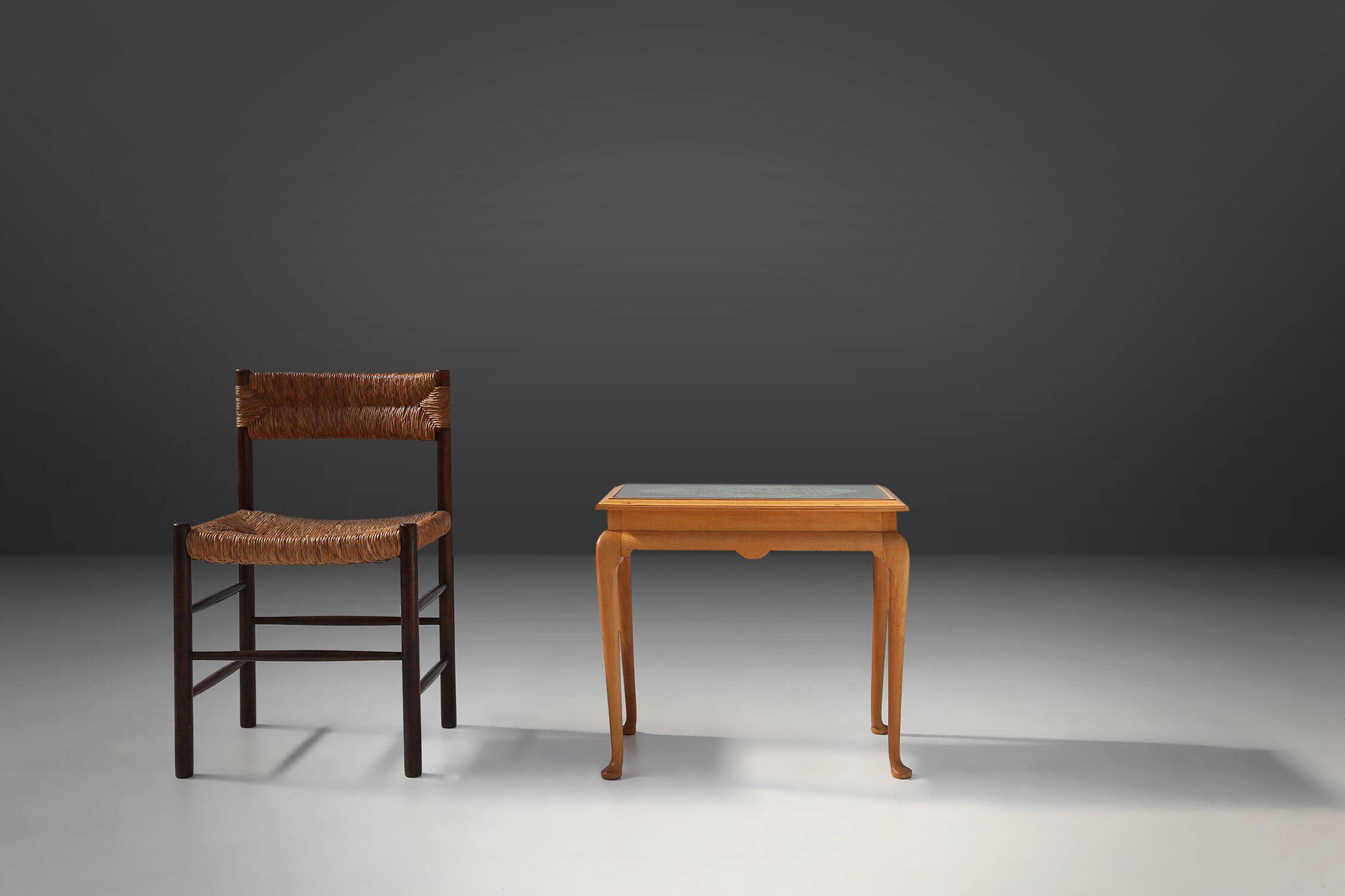 Side Table in Beech with Lace Inlay and Glass Top, France 1950s