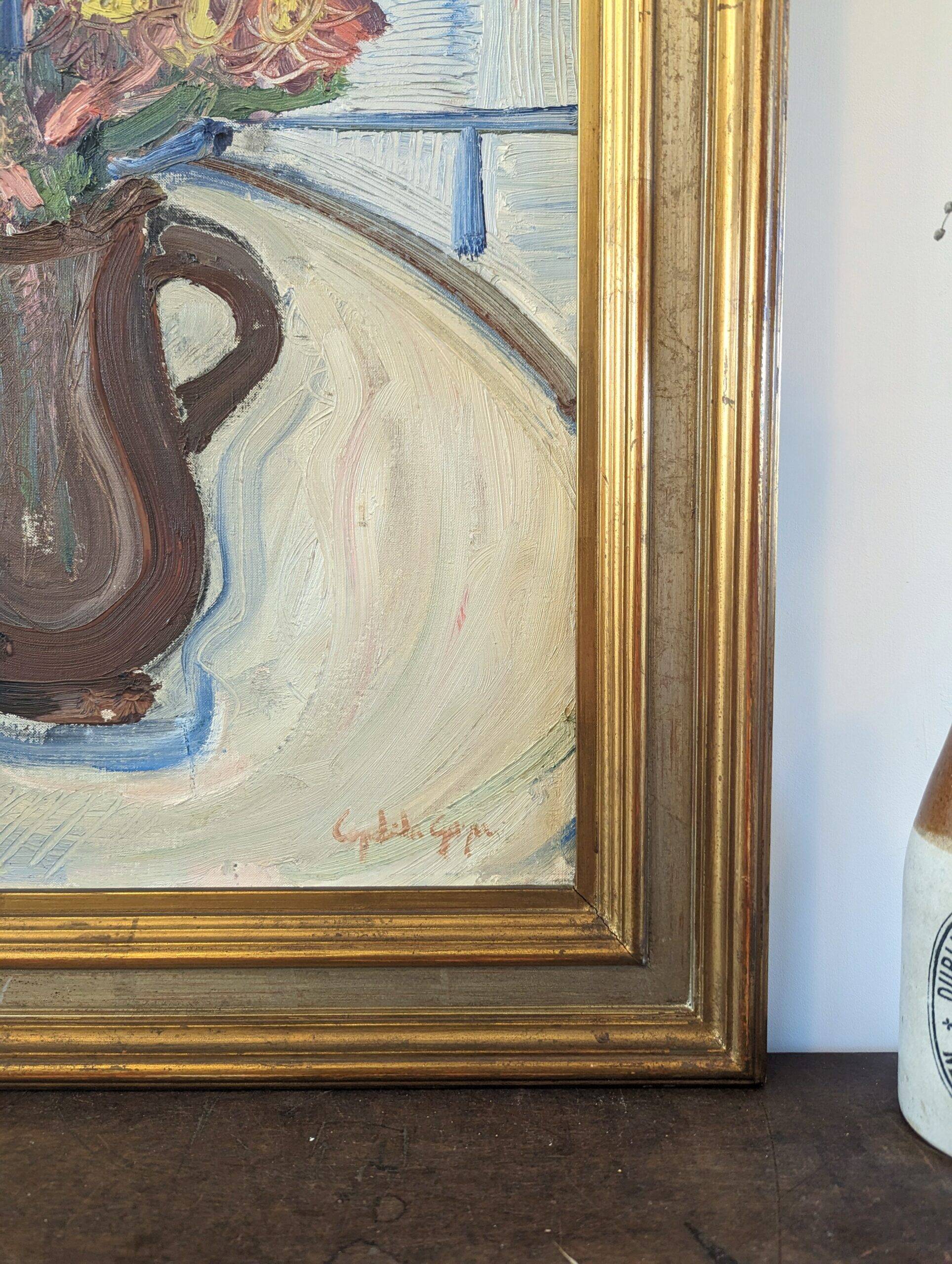 Mid-Century Modern Swedish "Pink Flowers" Vintage Still Life Oil Painting, Framed