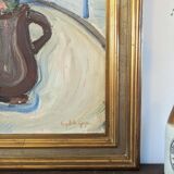 Mid-Century Modern Swedish "Pink Flowers" Vintage Still Life Oil Painting, Framed