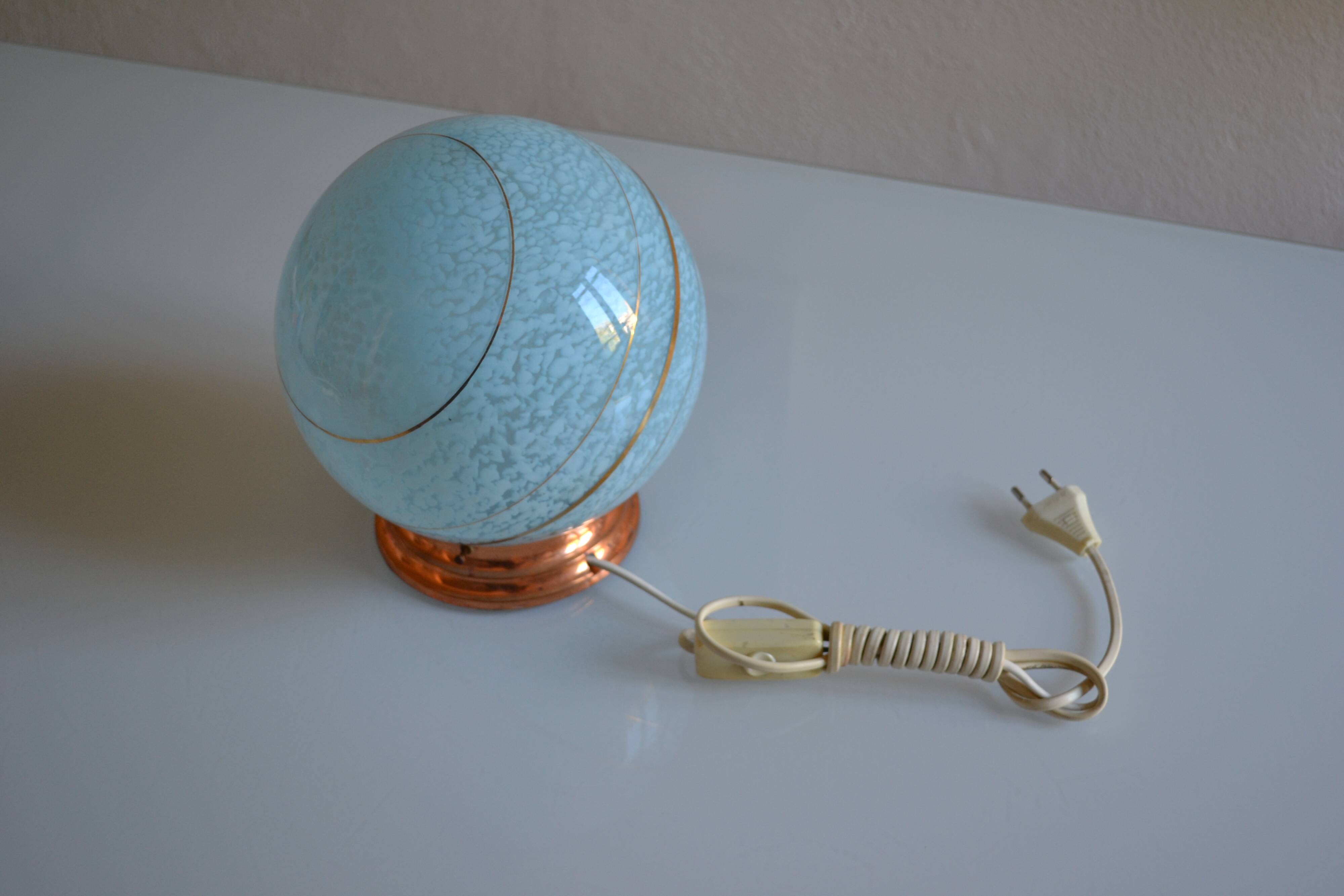 Art Deco table lamp with blue speckled opaline glass globe