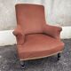 Antique crapaud chair in brown velvet – turned legs and brass rings.