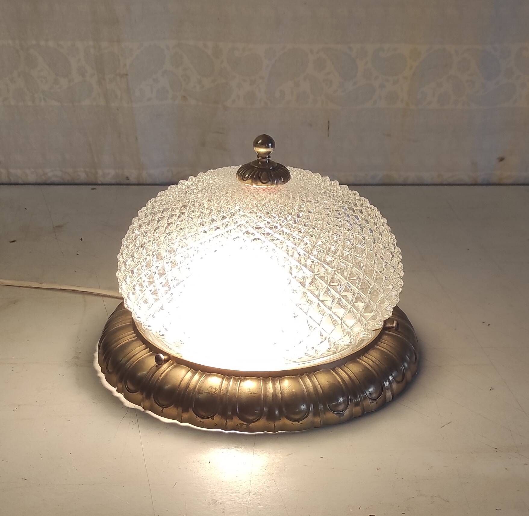 Golden brass ceiling light with diamond-shaped moulded glass - 1980s