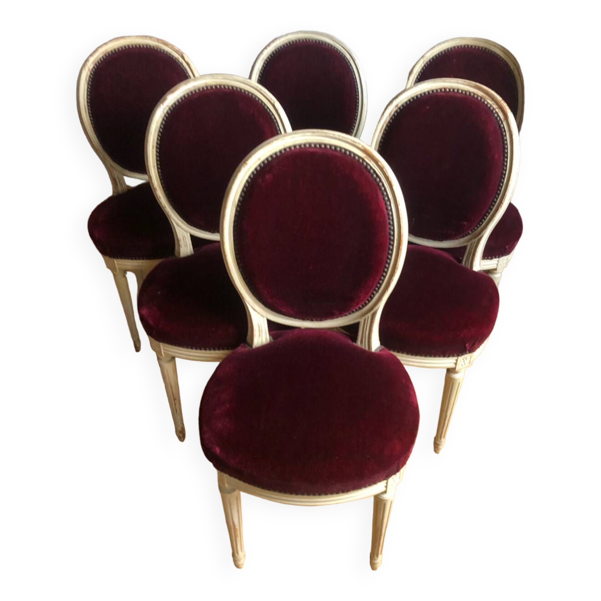 Lot of six Louis XVI chairs purple velvet patinated wood