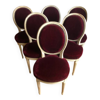 Lot of six Louis XVI chairs purple velvet patinated wood