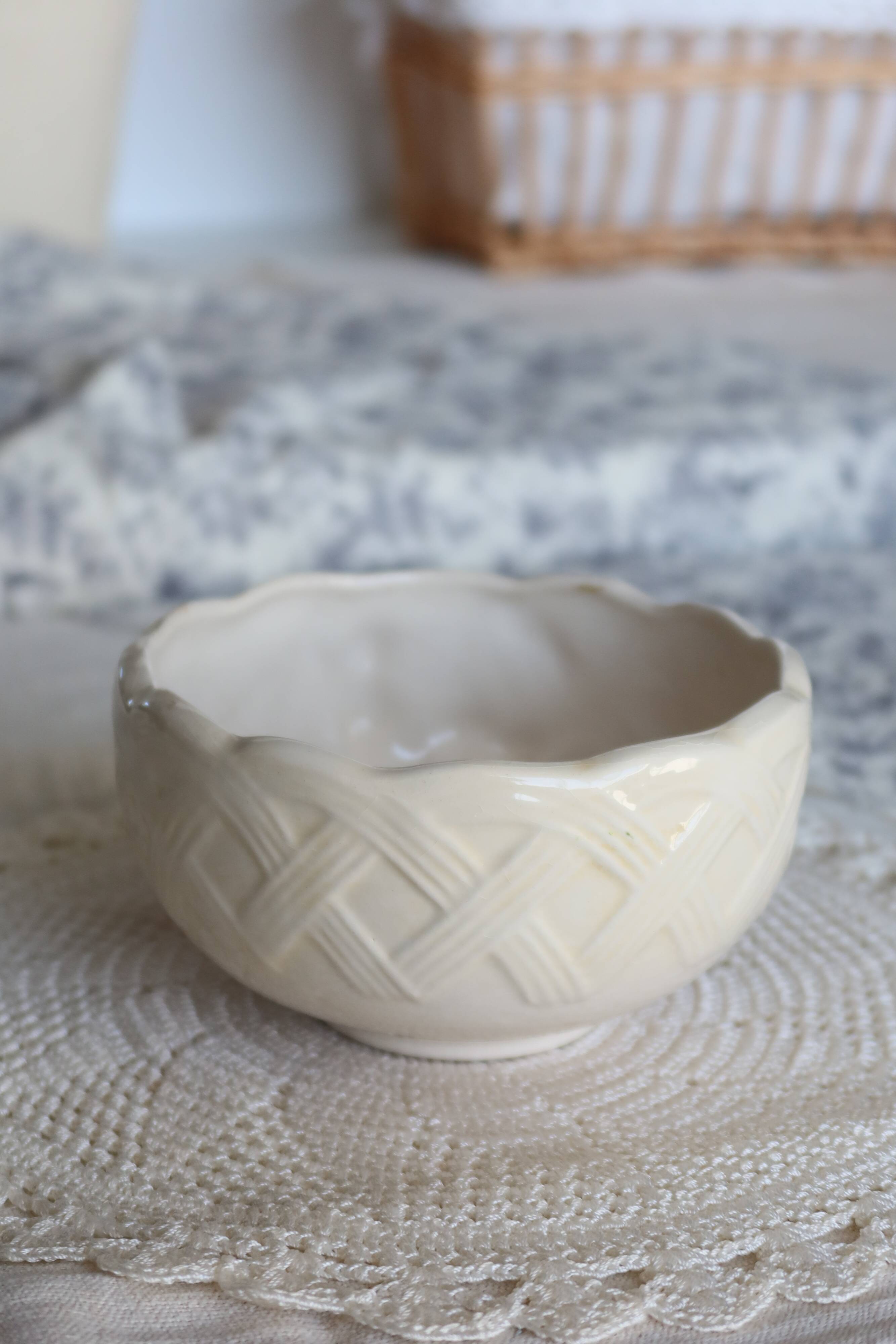 Vintage earthenware bowl with barbotine decoration - Fruit motif