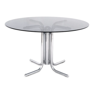 Table vintage sur pied chromé avec plateau en verre, Italie années 1970