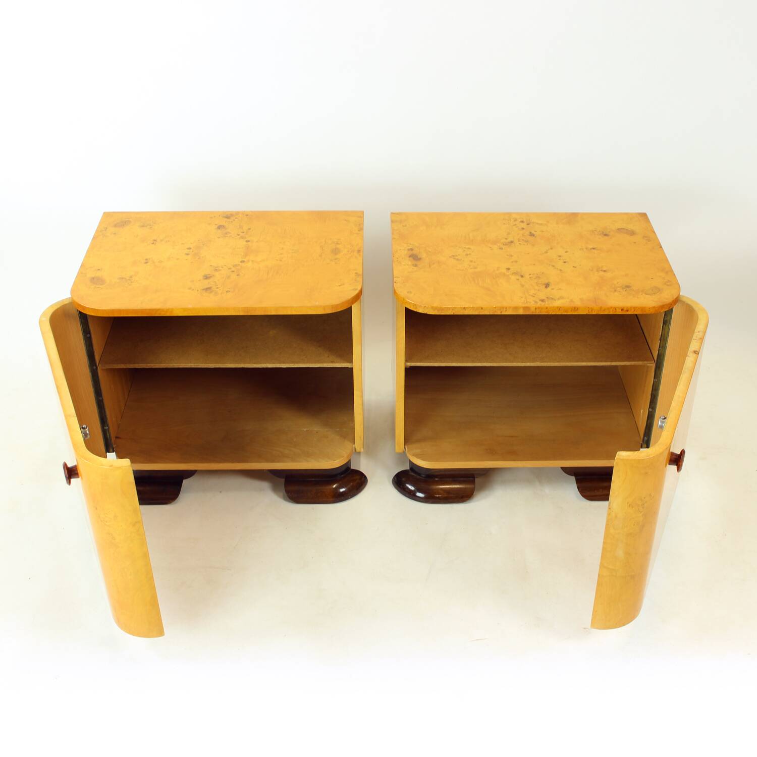 Art Deco Bedside Tables In Root Veneer, Czechoslovakia 1940s