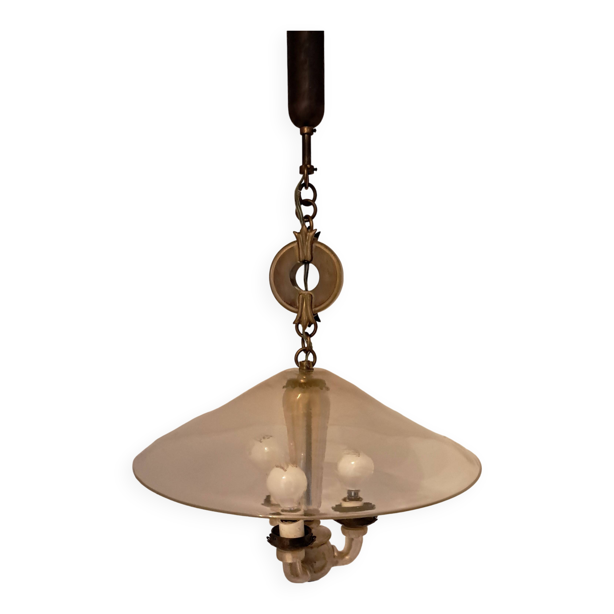 3-light chandelier in Murano glass and gilded brass, 1940.