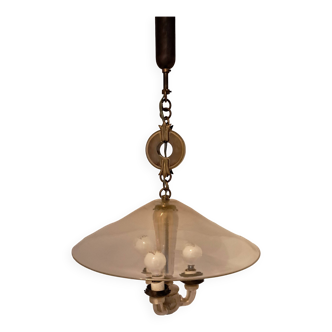 Lustre à 3 feux en verre de Murano et laiton doré  1940.