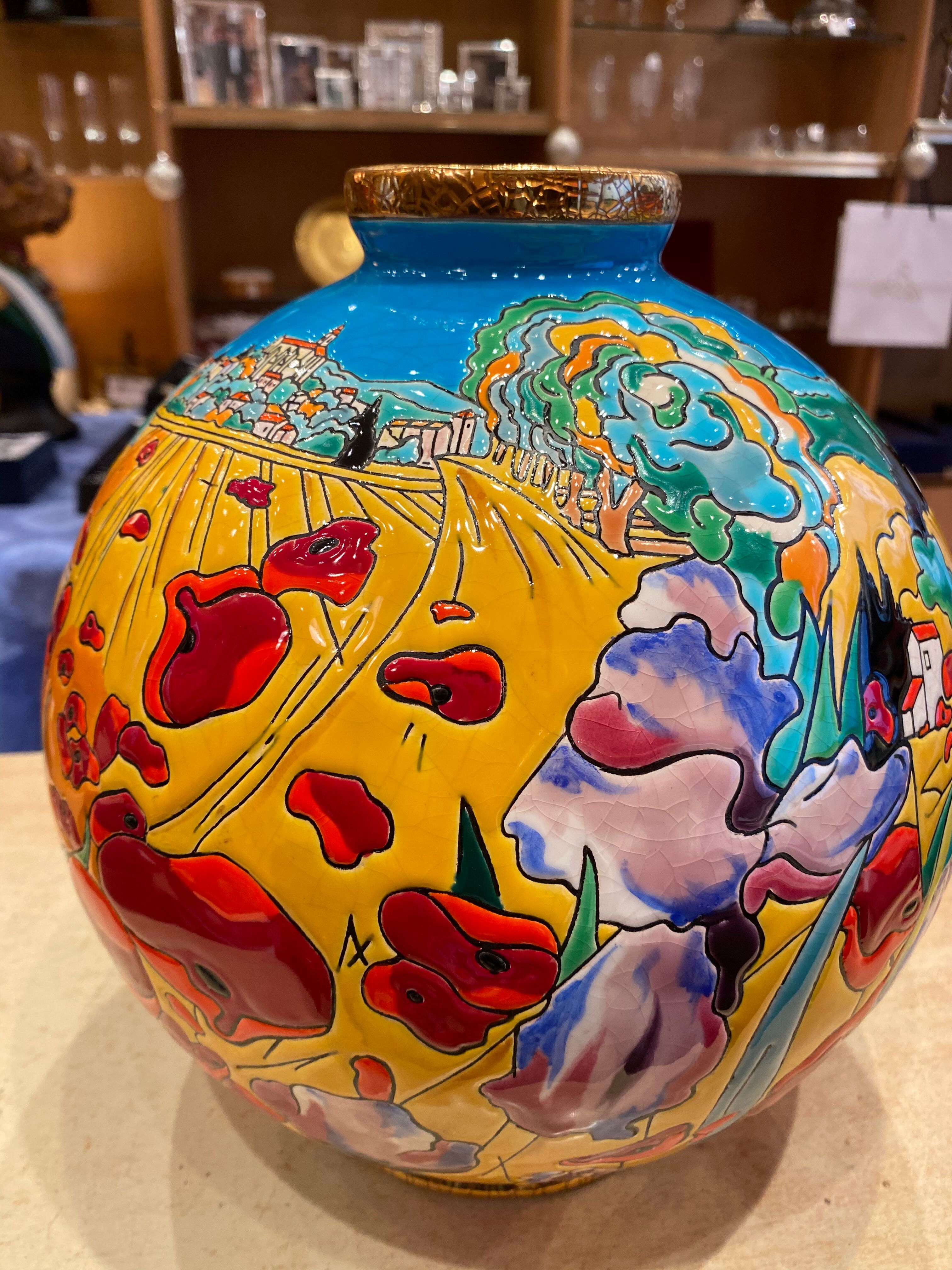 Longwy Vase Boule  Adam et Eve dans le Jardin d'Eden