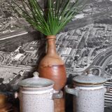 Duo of potter's pots covered in vintage glazed stoneware
