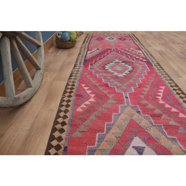 Tapis couloir vintage turc fait main en laine et coton rose des années 1970 104x358