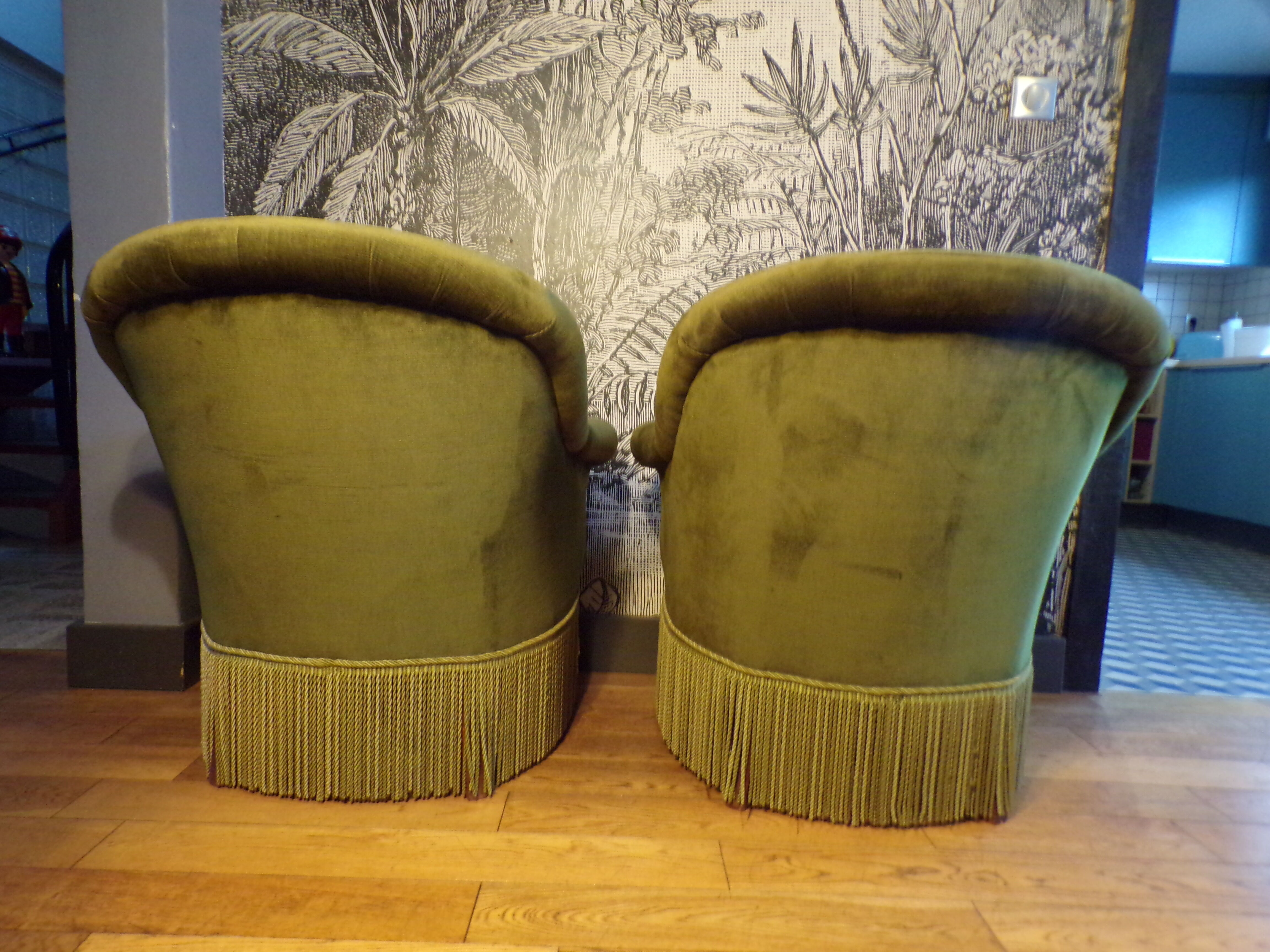 Pair of green velvet toad armchairs