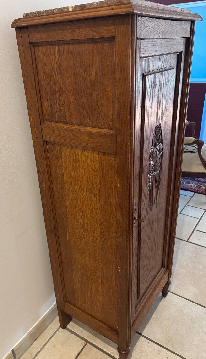 Art Deco Bonnetière Solid Oak & Griotte Marble – 1930s