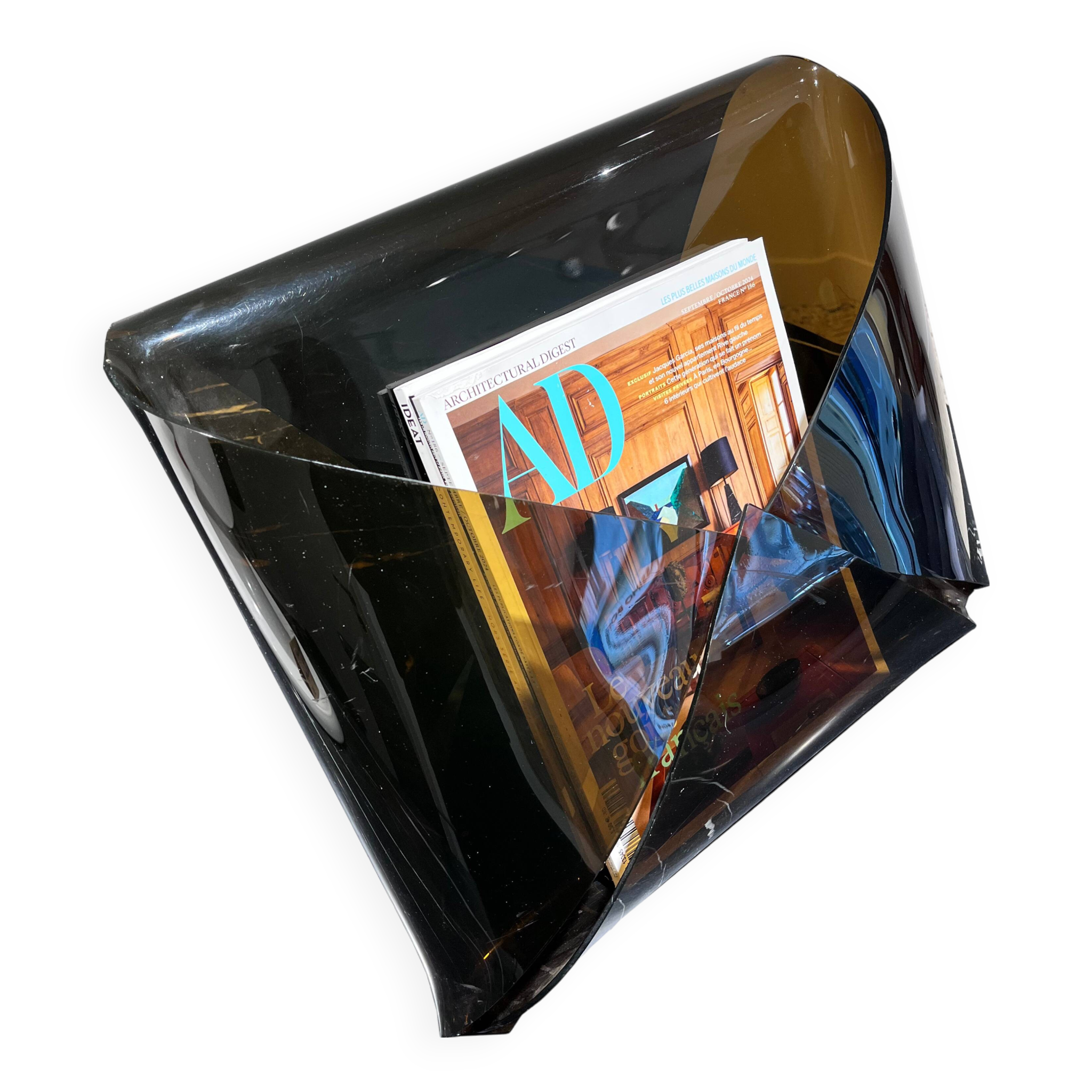 Plexiglass magazine rack, circa 1970
