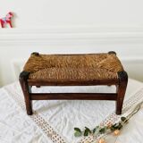 Small bench stool footrest in wood and vintage straw