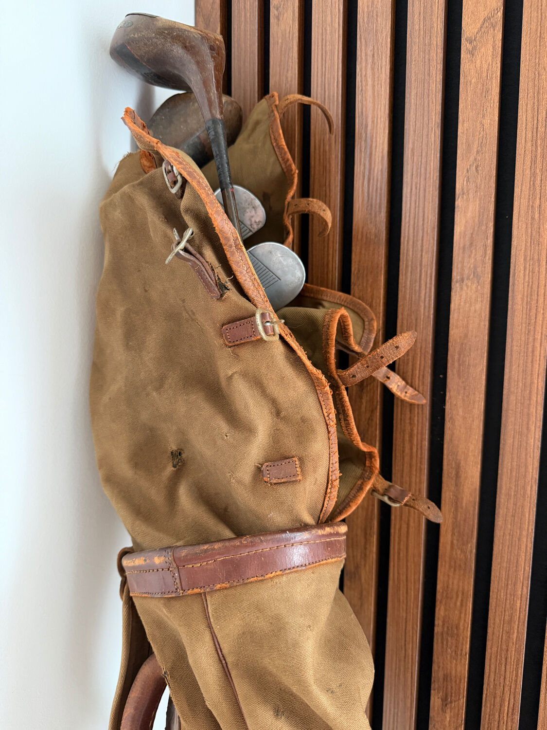 Old golf bag with 7 vintage clubs