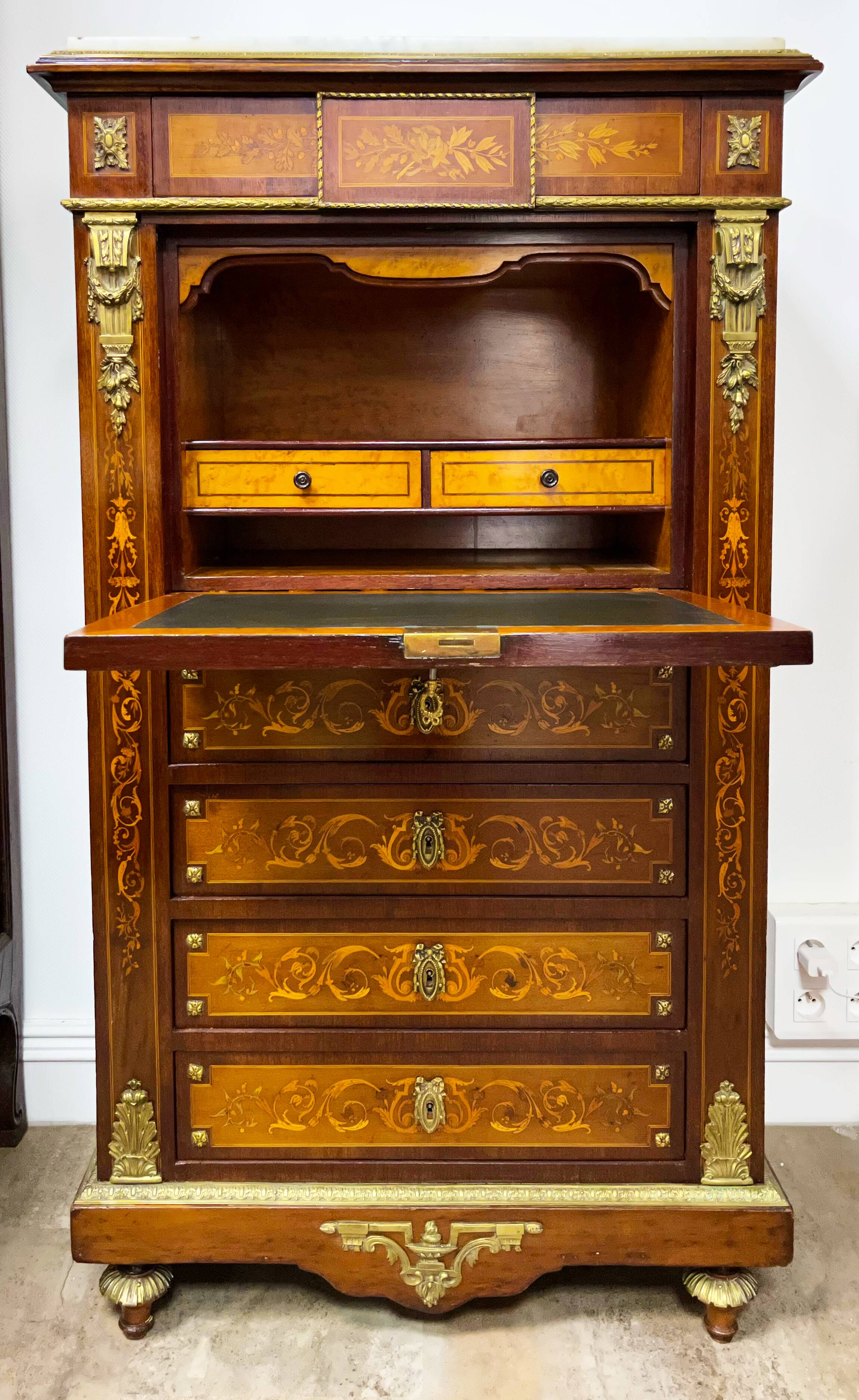 Writing desk in Napoleon III Marquetry white marble top