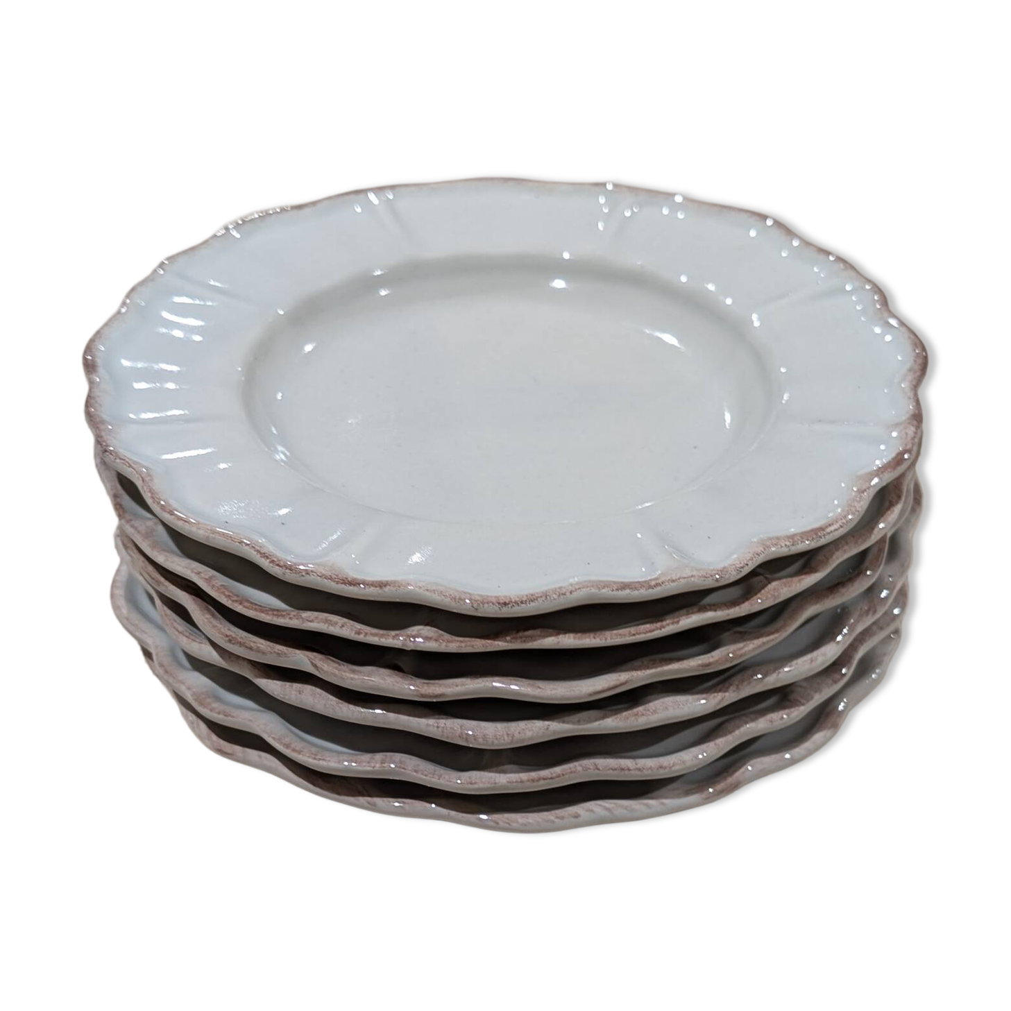 6 assiettes à dessert en céramique frangée blanche et rose