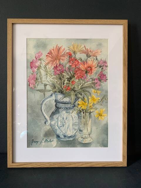 Old watercolor signed Jany. F. Millet (1926-1992), bouquet of flowers under framed glass, 1950