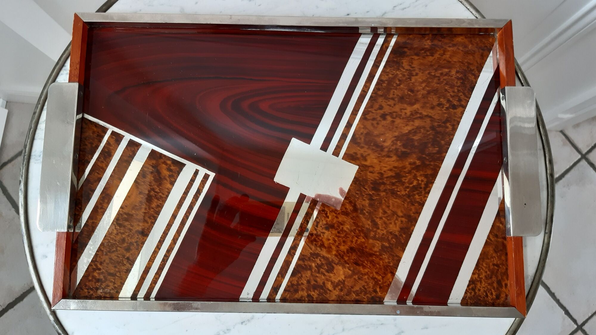 Art deco tray in wood, steel, chrome, glass and mirror 30s-40s