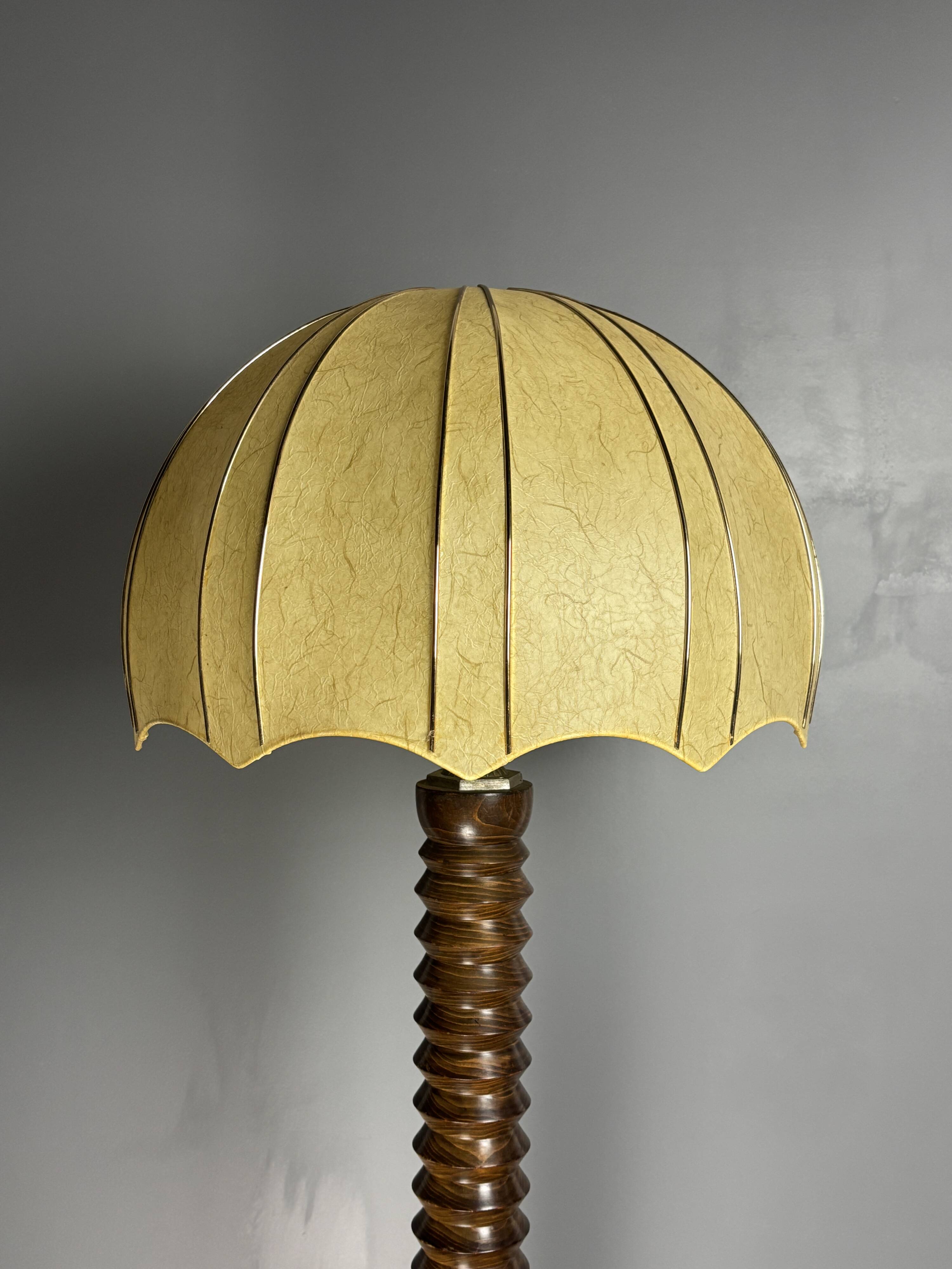 Brutalist midcentury wood turned cocoon floor lamp