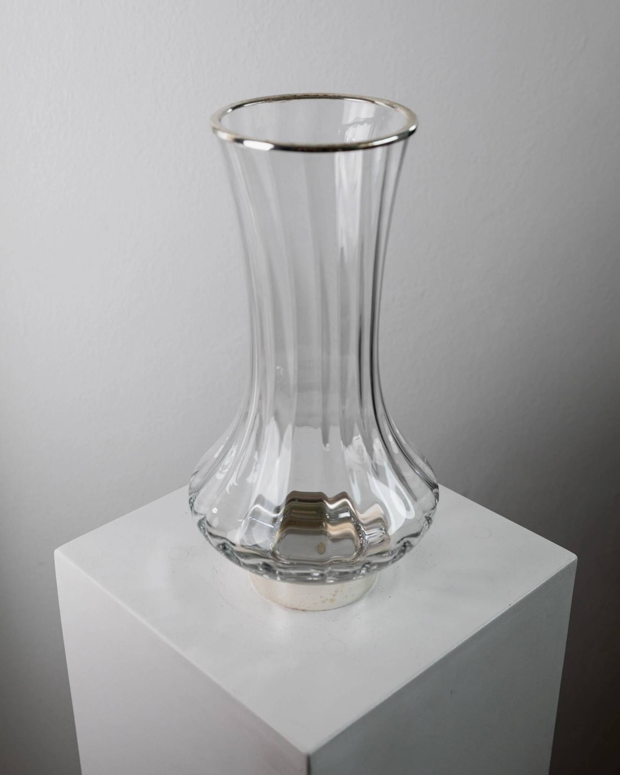 Vintage glass vase from the 1980s, transparent glass with fine linear pattern and silver metal details, elegant sculptural flower vase, gift idea.