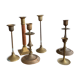Set 7 mismatched brass and bronze candlesticks