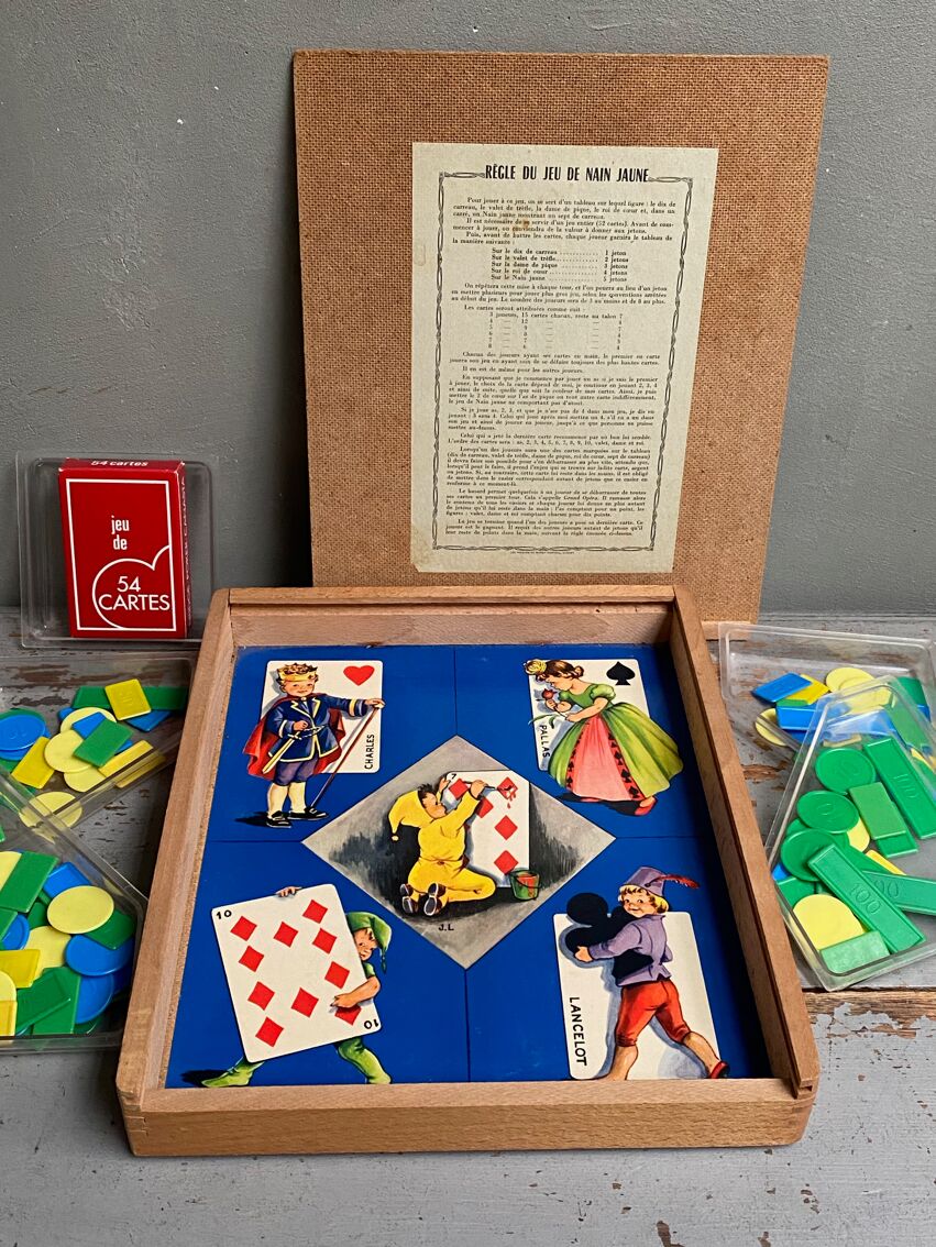 Ancien Jeu NAIN JAUNE + Boite Bois Jetons & Cartes Jouet Vintage