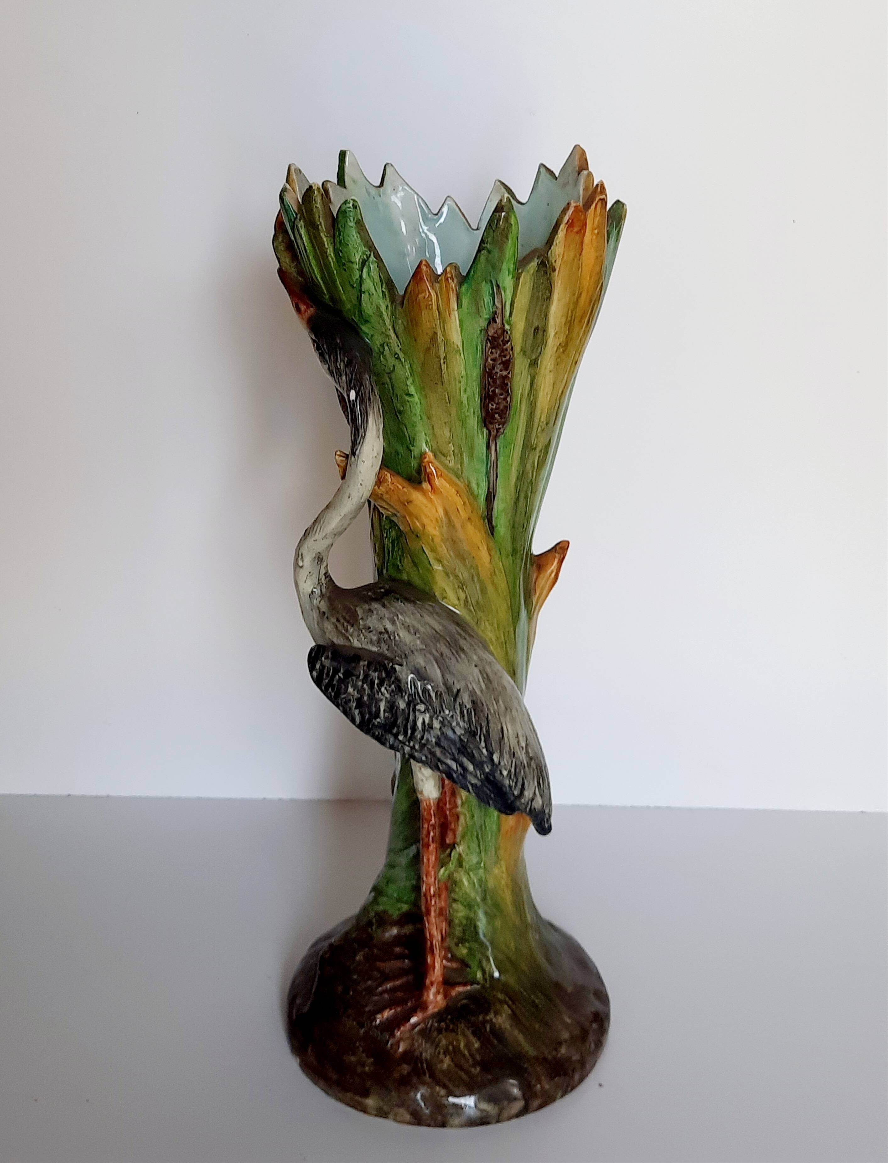 Art Nouveau majolica heron and iris vase
